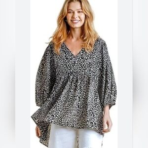Umgee Cheetah Black Tan Babydoll Tunic Top Blouse Size Large